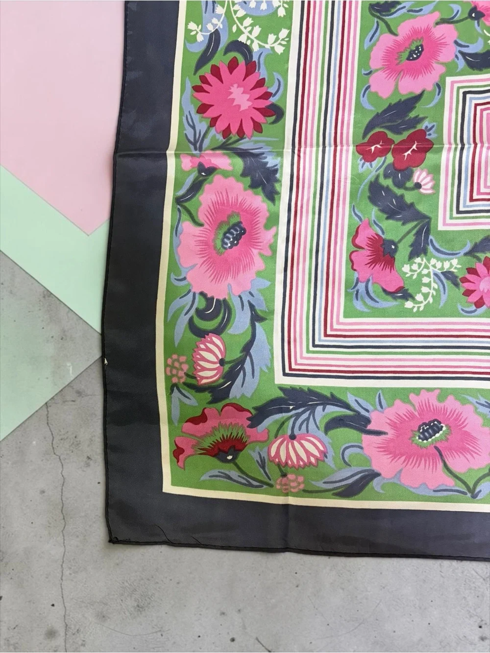 Floral Square Silk Scarf in Pink, Green & Navy